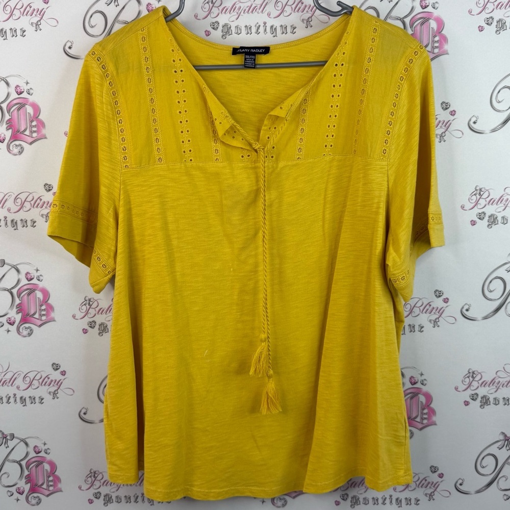 Hilary Radley t-shirt, tassels, crochet detail, bright Mustard Eyelet Blouse